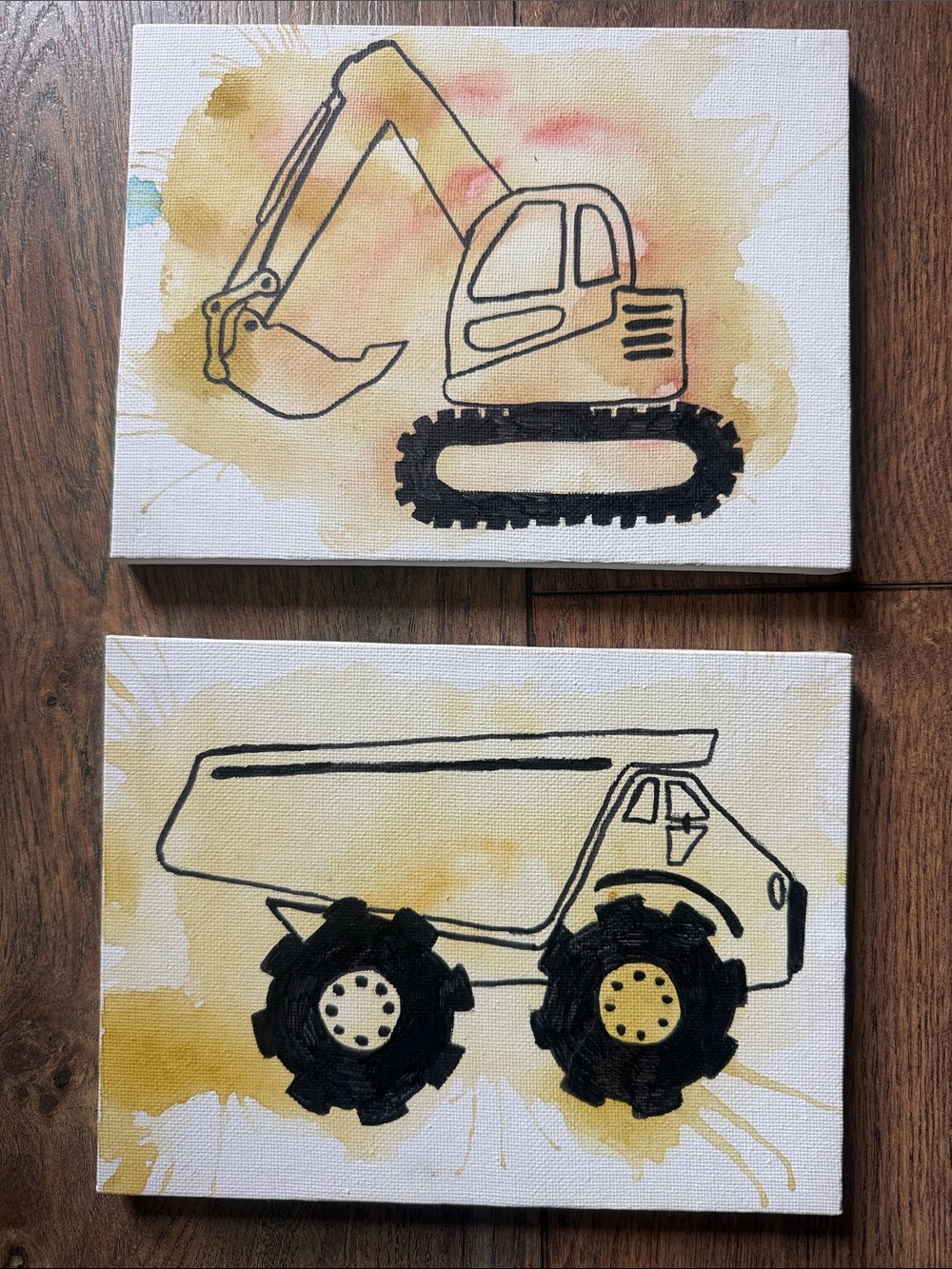 Kids Canvas Wall Art - Yellow and Black Construction Trucks